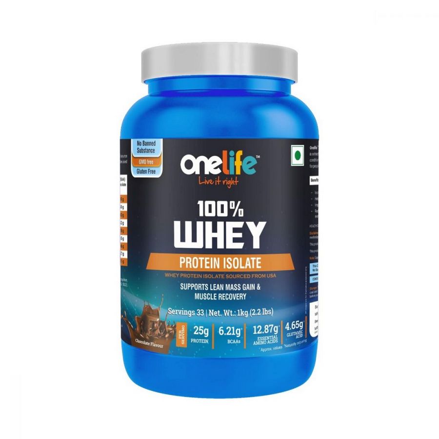 Onelife 100% Whey Protein Isolate Microfiltered, Chocolate Flavour, 1Kg [Veg, Sourced from USA, With Digestive enzyme, No Banned Substance, GMO-Free, Gluten-Free, Muscle building & Muscle Recovery]