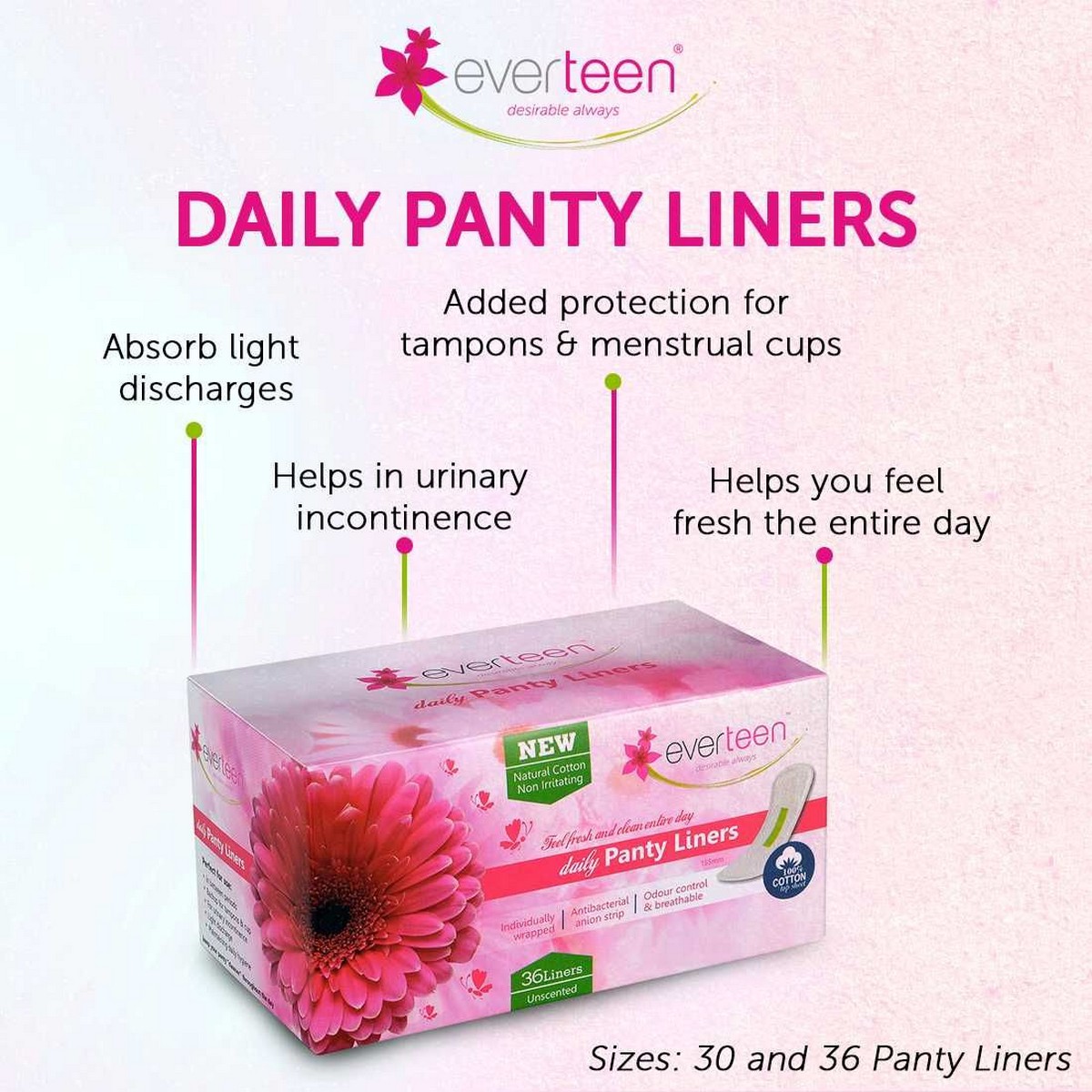 Everteen Daily Panty Liners 2 Packs 36 Liners Each  Everteen Daily Panty Liners With Antibacterial Strip for Light Discharge and Leakage in Women 2 Packs 36 Panty Liners Each 2