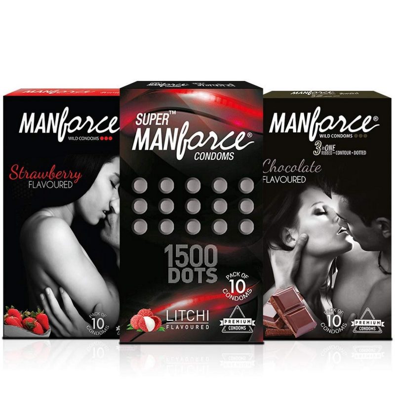 Manforce Extra Dotted LITCHI STRAWBERY CHOCOLATE Flavoured Condom Set Of 3 1