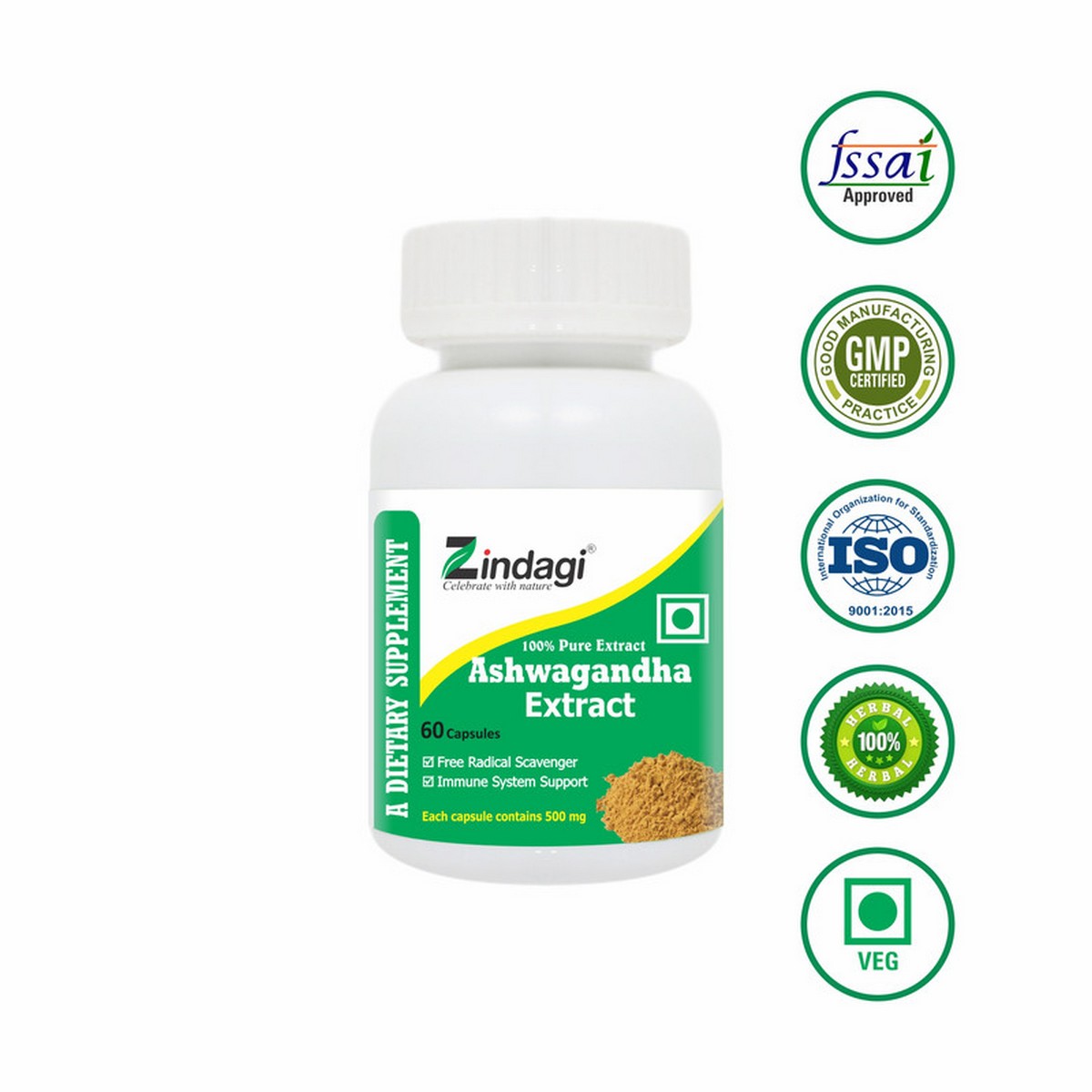 Zindagi Pure Ashwagandha Extract Capsules Ayurvedic Herbal Supplement Sugar Free Immunity Booster Powder 60 Capsules 1