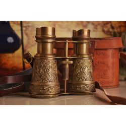 Retro Style Brass Made 5 Length Hand Engraved Binocular With Leather Pouch