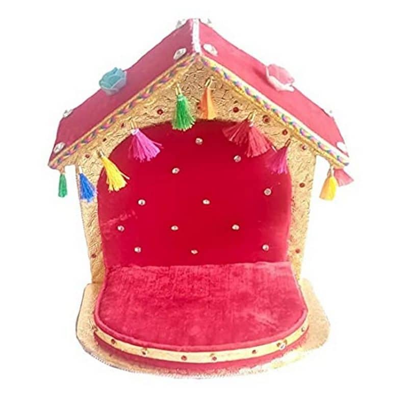 SHRIJAA VENTURE Laddu Gopal Handmade Wooden Red Golden Mandir For Kanha Ji 3