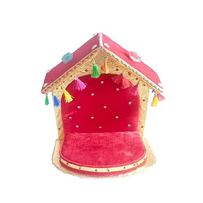 SHRIJAA VENTURE Laddu Gopal Handmade Wooden Red Golden Mandir For Kanha Ji 4