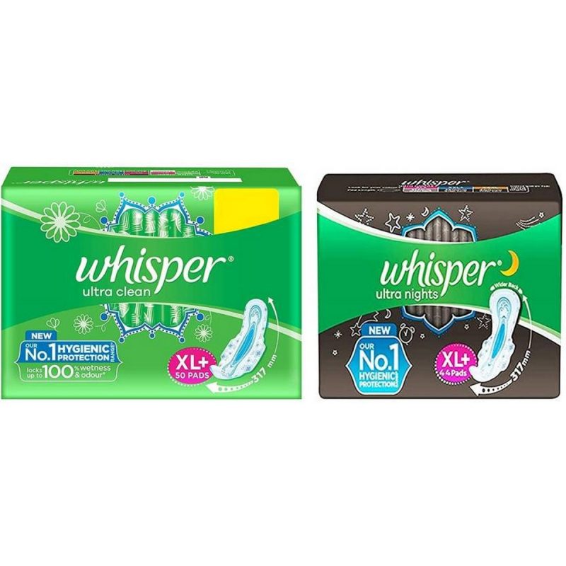 Whisper Ultra Clean Sanitary Pads Xl 50 Napkins And Ultra Night Sanitary Pads Xl 44 Napkins Sanitary Pad Pack of 2