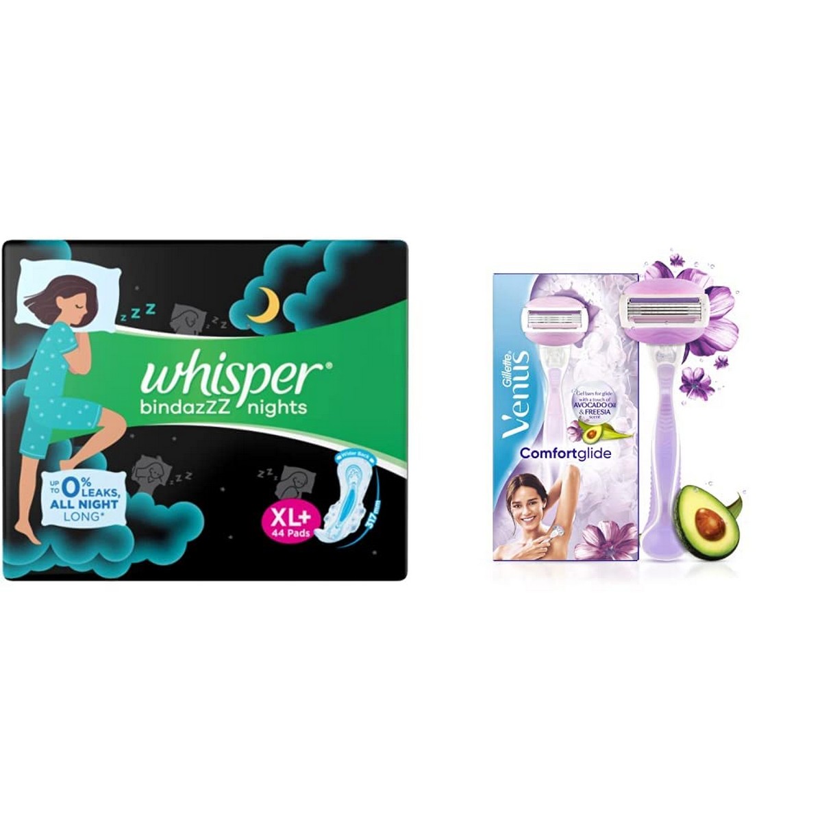 Whisper Ultra Night Sanitary PadS Xl+ 44 Napkins And Gillette Venus Breeze Hair  Removal Razor For Women - RichesM Healthcare