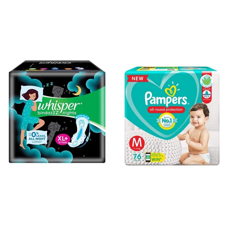Whisper Ultra Overnight Sanitary Pads With Wings XL 15 Pieces And Pampers New Diapers Pants Medium 76 Count