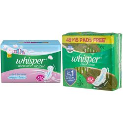 Whisper Ultra Soft Sanitary Pads 30 Pieces XL Plus Ultra Clean Sanitary XL Plus Pads 15 Count Pack of 4