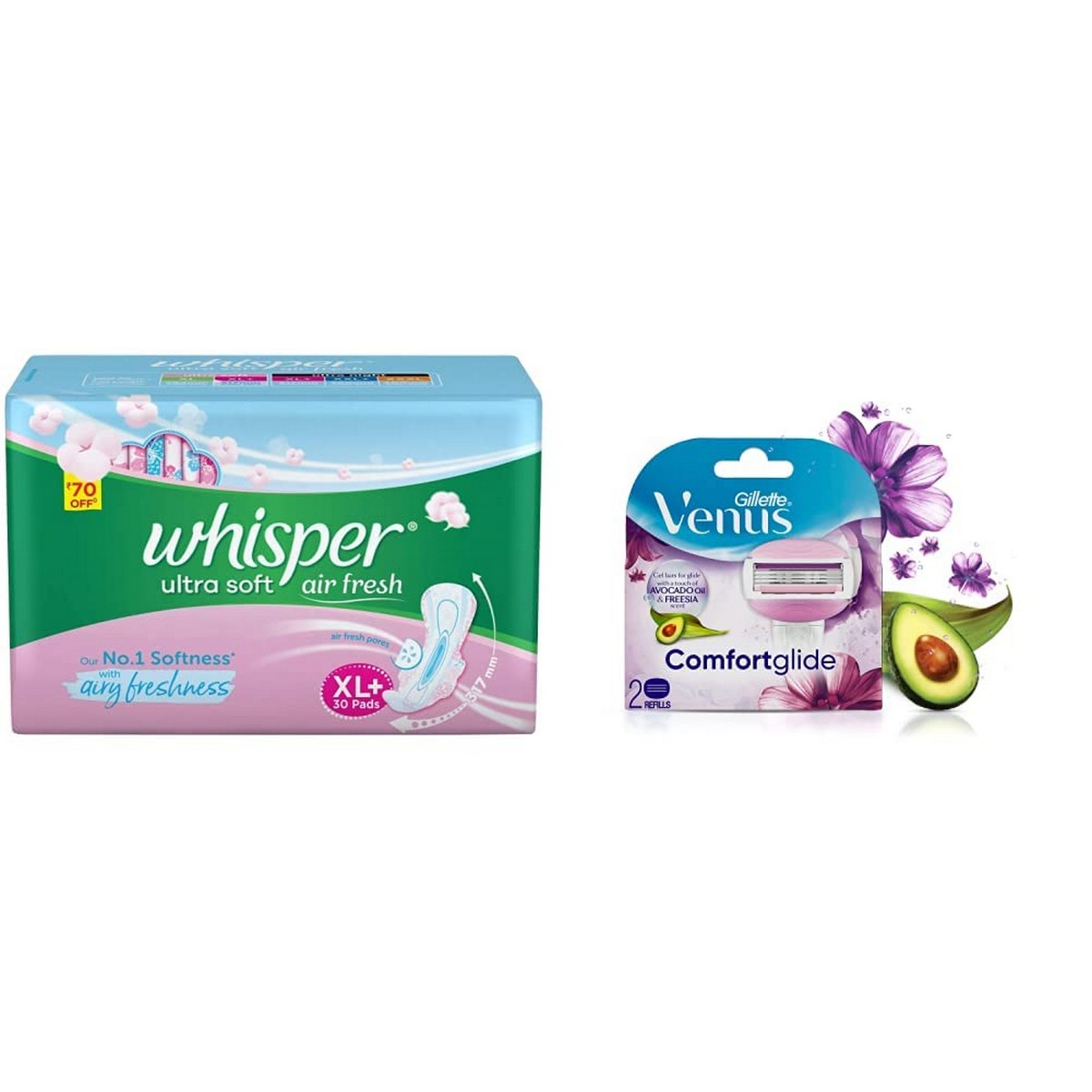 Whisper Ultra Soft Sanitary Pads 30 Pieces XL Plus Venus Breeze Razor Blades 2 Pieces Combo 1