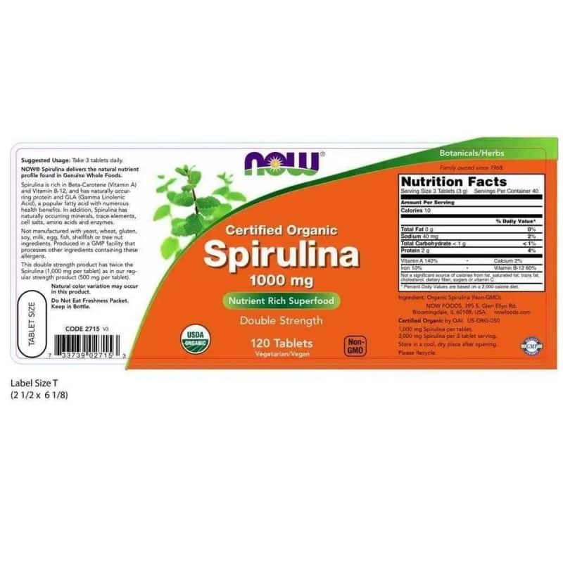Now Foods Certified Organic Spirulina 1000 mg 120 tablets 2