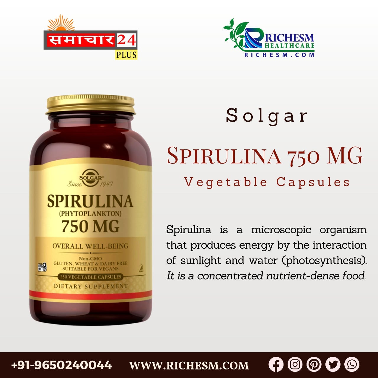 Solgar Spirulina 750 mg Vegetable Capsules