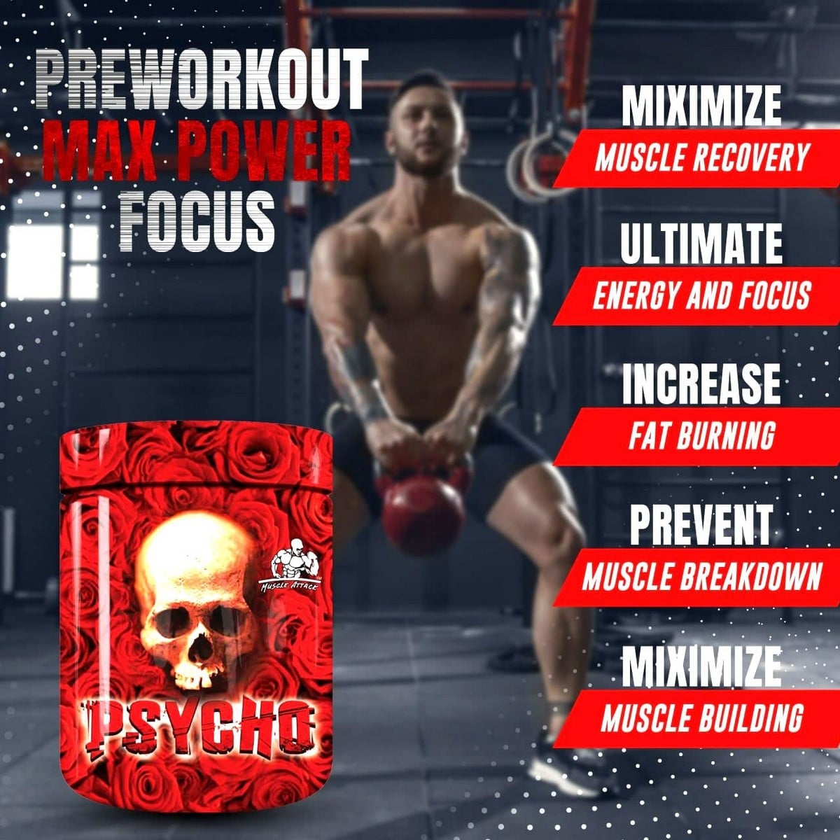 Muscle Attack Psycho Pre Workout, 1kg, Non prescription